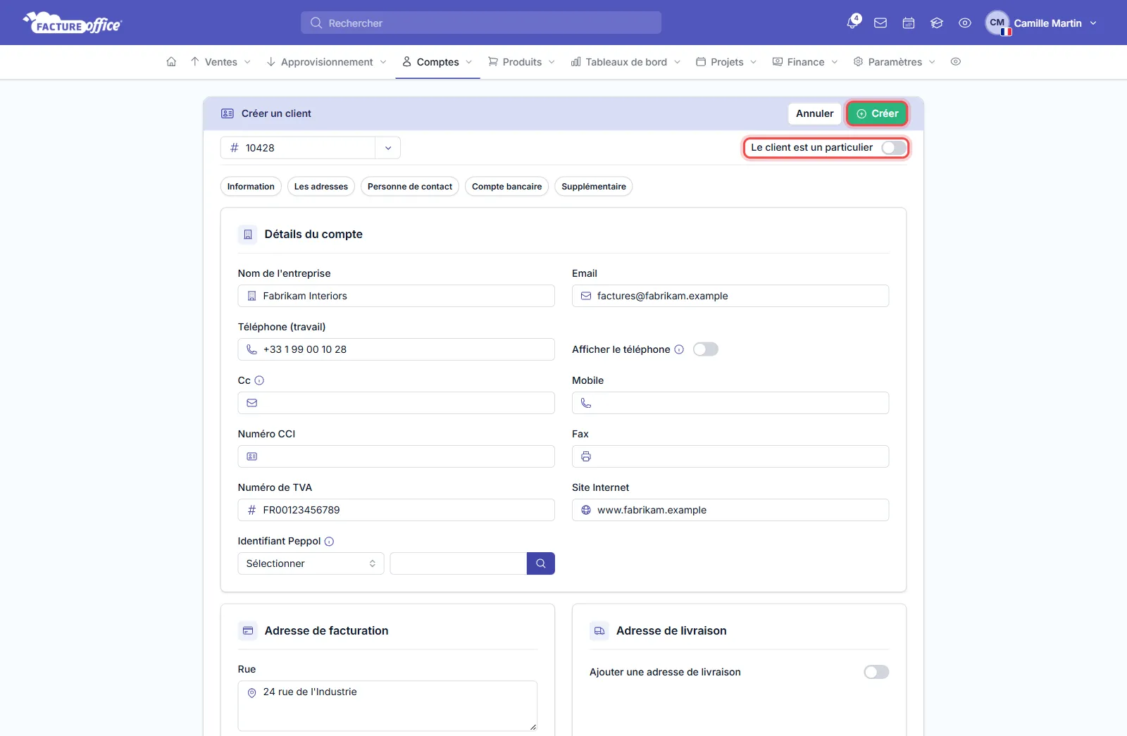 Formulaire Créer un client avec les détails du compte et l'adresse de facturation : l'option Le client est un particulier et le bouton Créer sont entourés en rouge