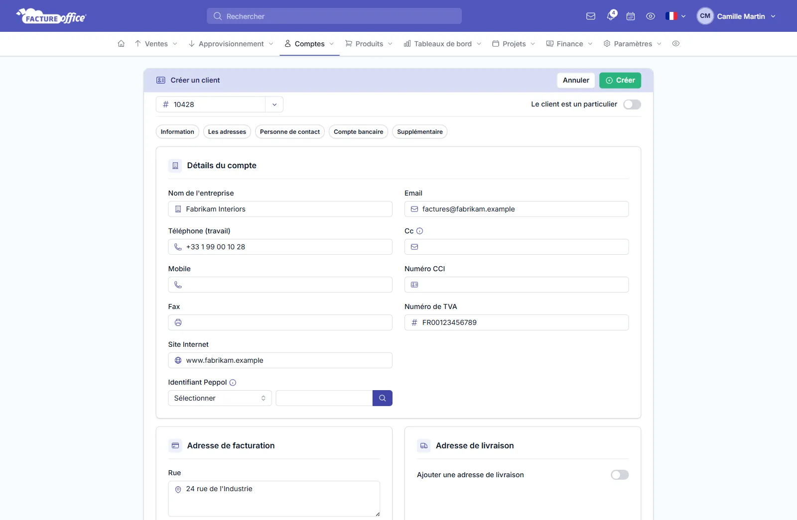 Formulaire Créer un client avec les détails du compte, l'adresse de facturation et l'option Le client est un particulier
