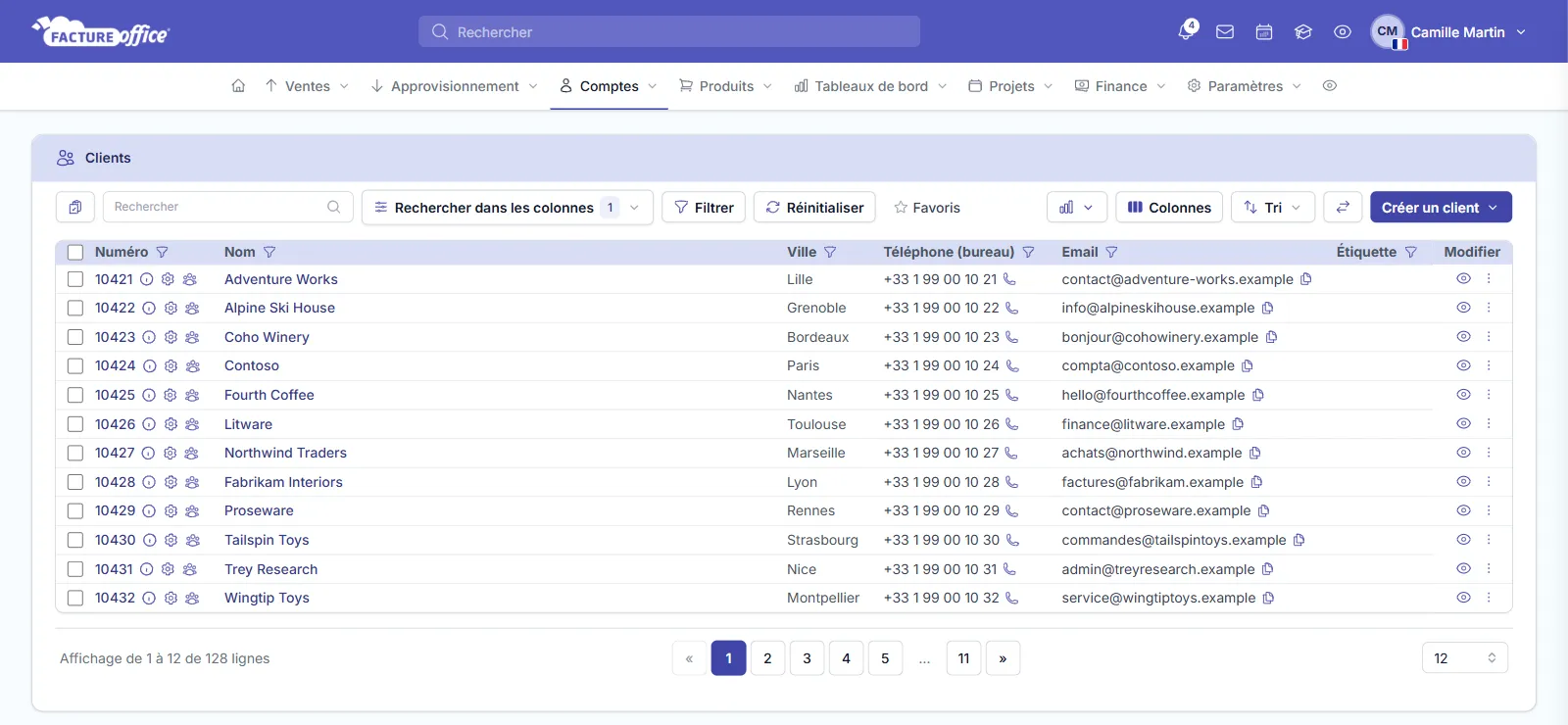 Liste des clients dans Facture Office, ouverte depuis le menu Comptes, avec le nom de chaque client cliquable