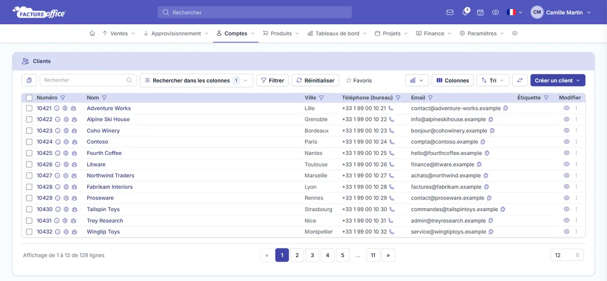 Liste des clients dans Facture Office : numéro, nom, ville, téléphone et e-mail de chaque client