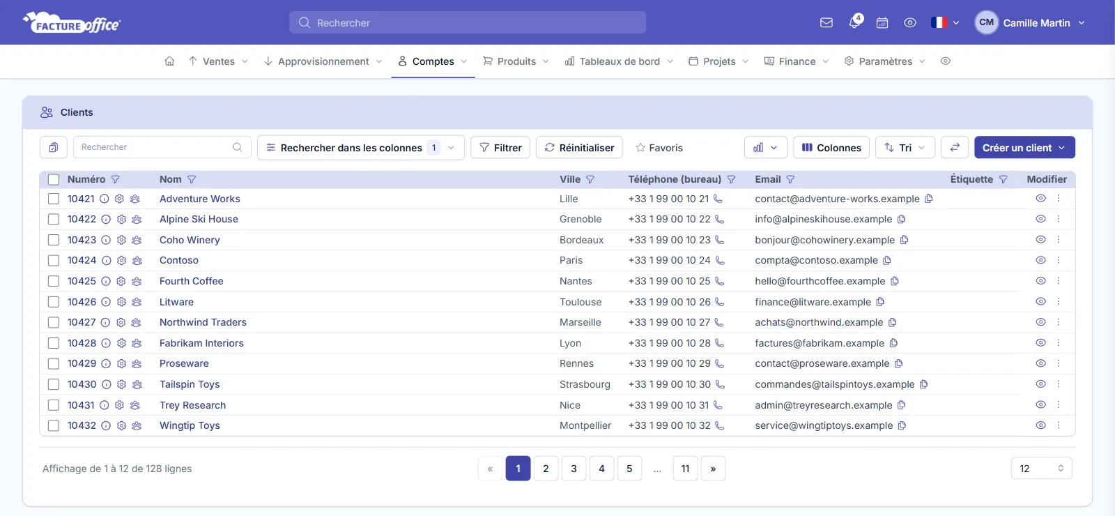 Liste des clients dans Facture Office avec le bouton Créer un client en haut à droite