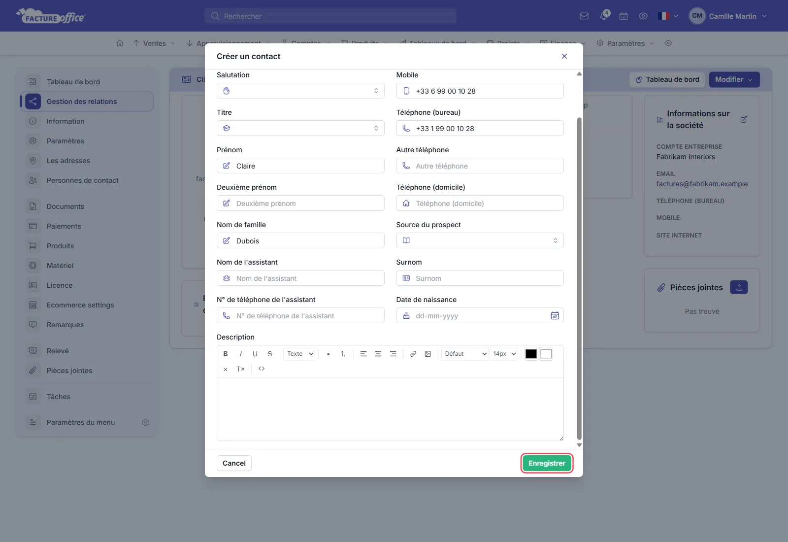 Fenêtre Créer un contact de Facture Office avec les champs Prénom, Nom de famille, Email, Mobile et Téléphone (bureau) et le bouton Enregistrer