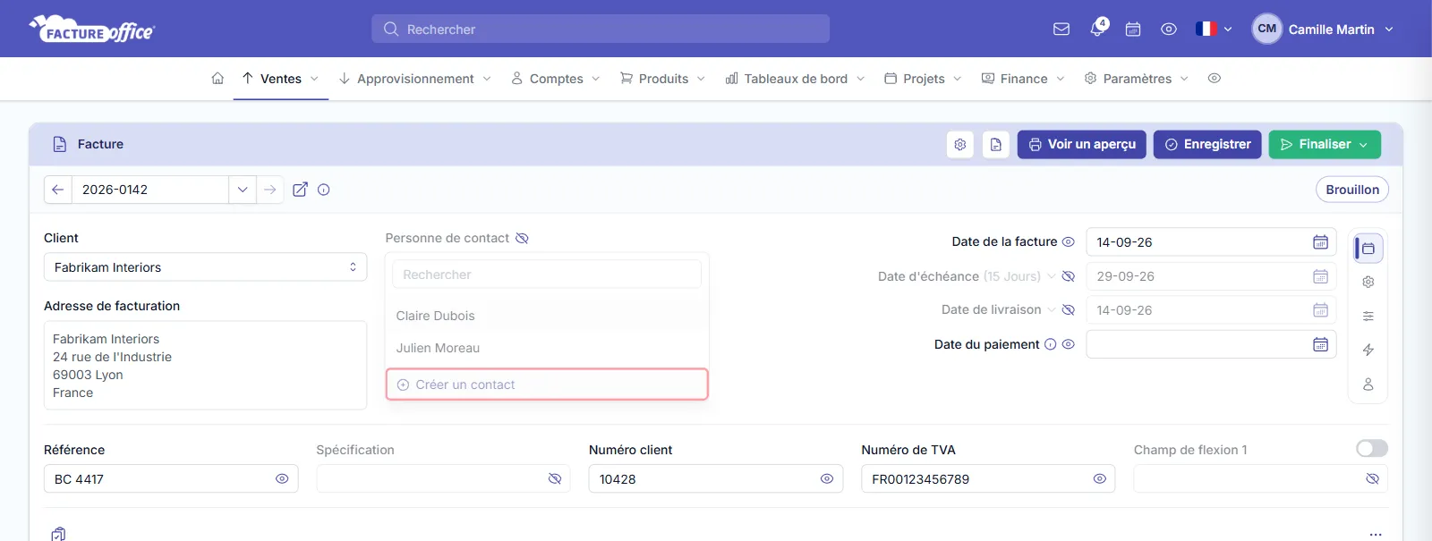 Champ Personne de contact ouvert sur une facture Facture Office avec deux contacts et le bouton Créer un contact