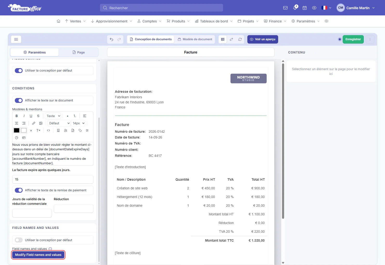 Carte Field names and values de l'éditeur de conception de documents Facture Office, option Utiliser la conception par défaut désactivée et bouton Modify Field names and values