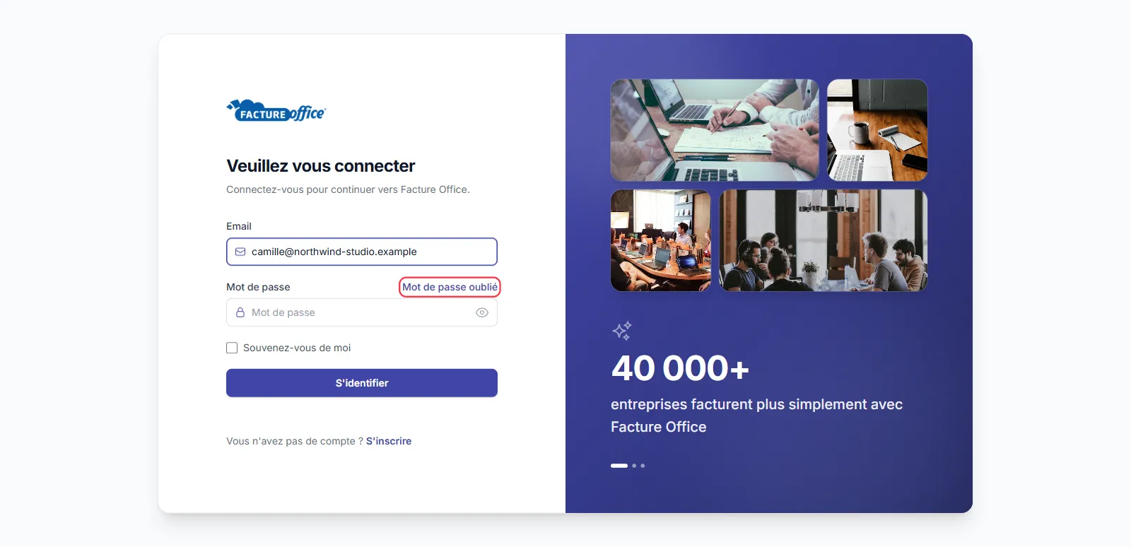 Page de connexion de Facture Office avec le lien Mot de passe oublié au-dessus du champ Mot de passe