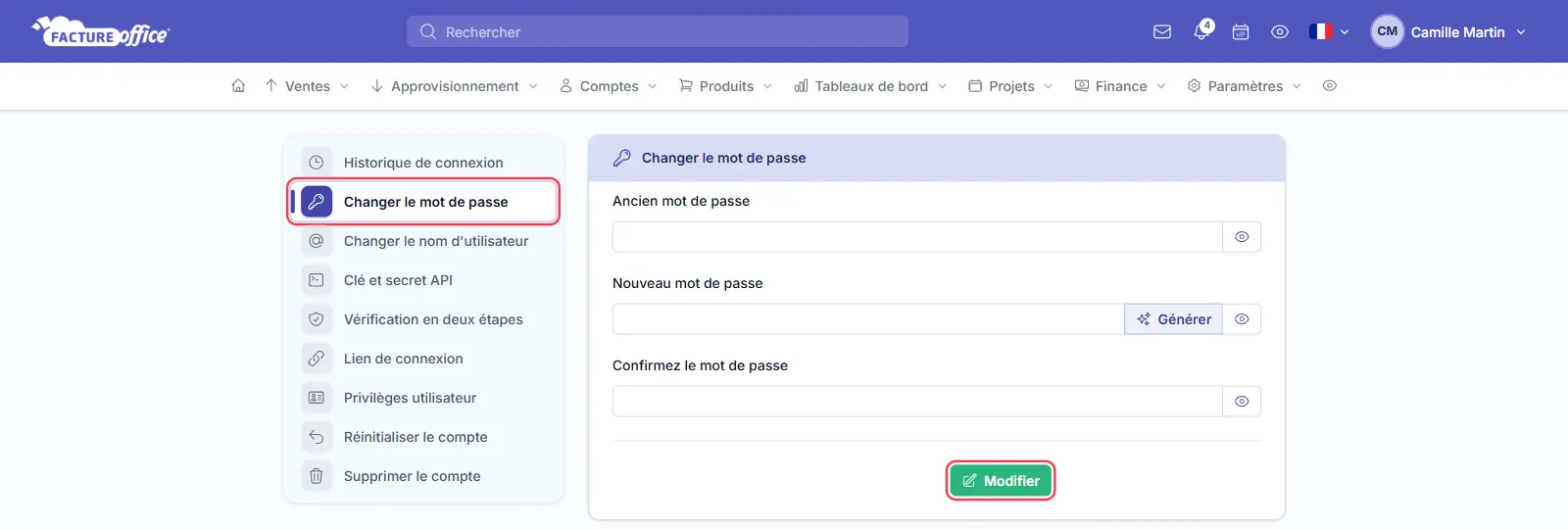 Page Changer le mot de passe du Centre de sécurité de Facture Office avec les champs Ancien mot de passe, Nouveau mot de passe, Confirmez le mot de passe et le bouton Modifier