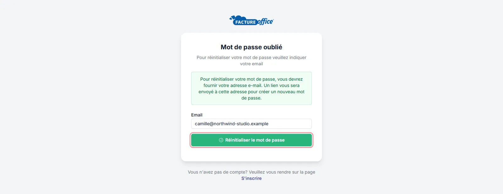 Page Mot de passe oublié de Facture Office : champ Email et bouton Réinitialiser le mot de passe