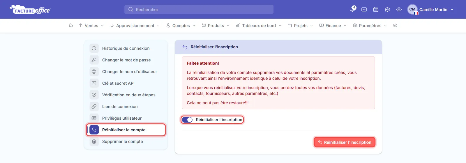 Page Réinitialiser l'inscription du Centre de sécurité de Facture Office : l'entrée Réinitialiser le compte, l'interrupteur et le bouton rouge Réinitialiser l'inscription sont entourés en rouge