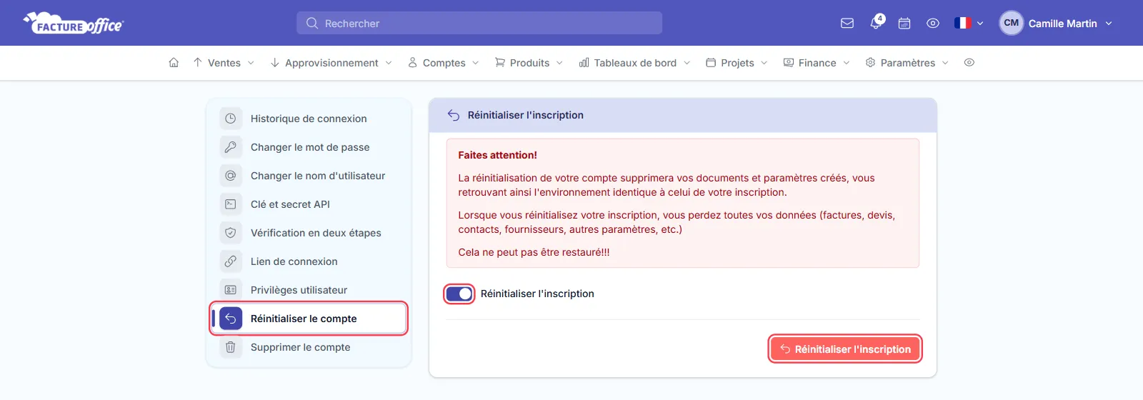 Page Réinitialiser l'inscription du Centre de sécurité de Facture Office avec l'interrupteur et le bouton Réinitialiser l'inscription