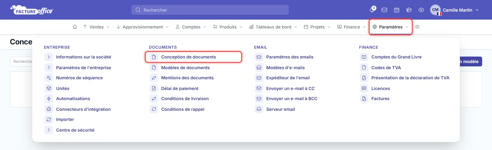 Menu Paramètres de Facture Office : le menu Paramètres et l'entrée Conception de documents sont entourés en rouge