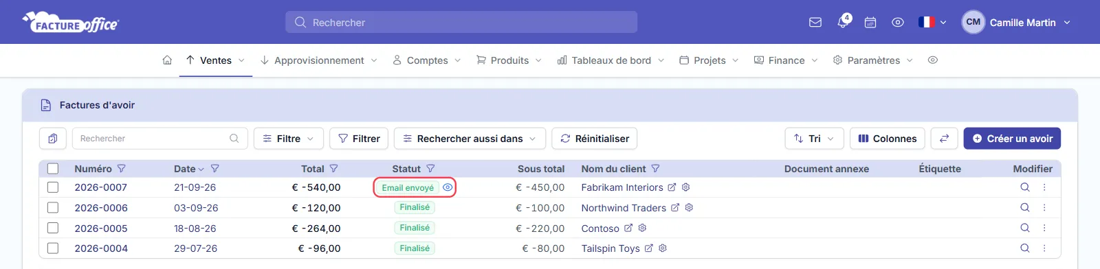 Liste des factures d'avoir dans Facture Office : colonne Statut avec le badge Email envoyé et l'icône en forme d'œil d'un e-mail ouvert