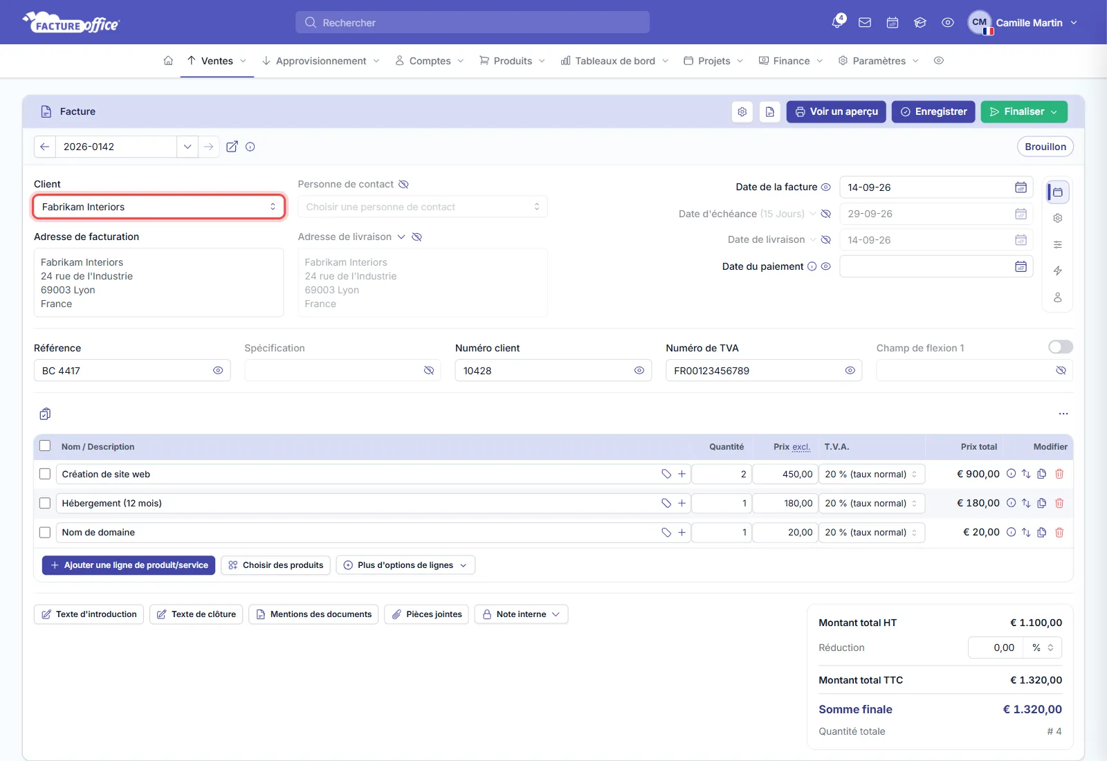 Facture dans Facture Office : le champ Client, où l'on choisit ou crée le client, est entouré en rouge