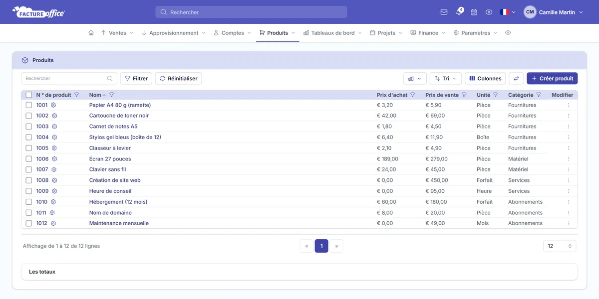 Liste des produits dans le logiciel de gestion des stocks Facture Office : numéros, noms, prix et quantités en stock
