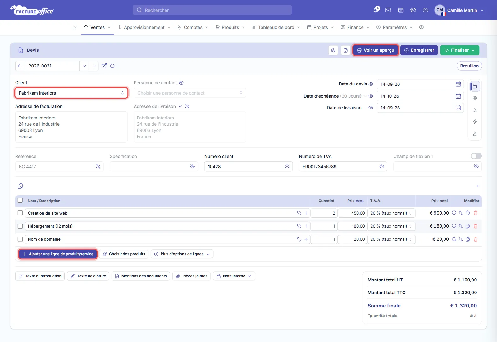 Nouveau devis dans Facture Office : le choix du client, le bouton Ajouter une ligne de produit/service et le bouton Voir un aperçu sont entourés en rouge