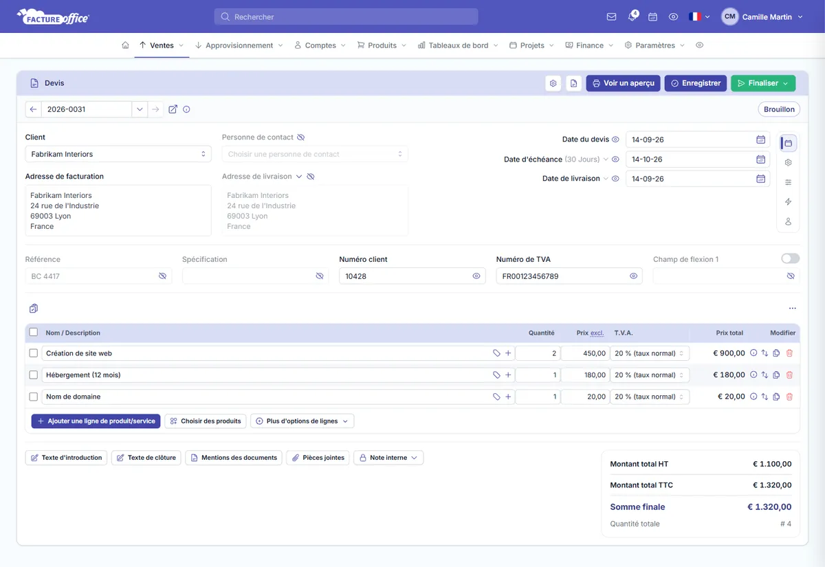 Création d'un devis dans Facture Office : client, lignes de produits et services, TVA et totaux
