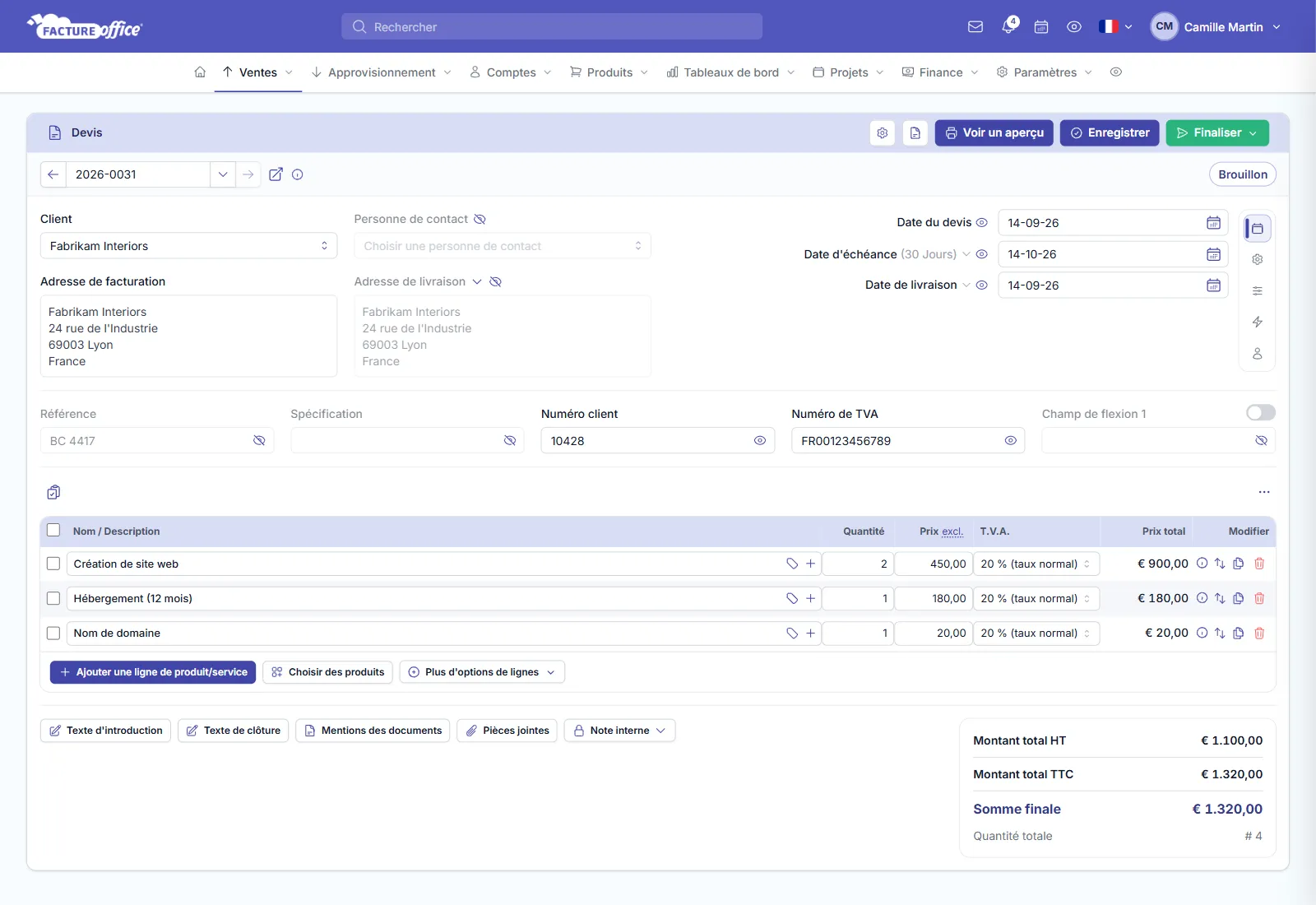 Nouveau devis dans Facture Office avec le client, les dates, trois lignes de produits, la TVA à 20 % et les totaux