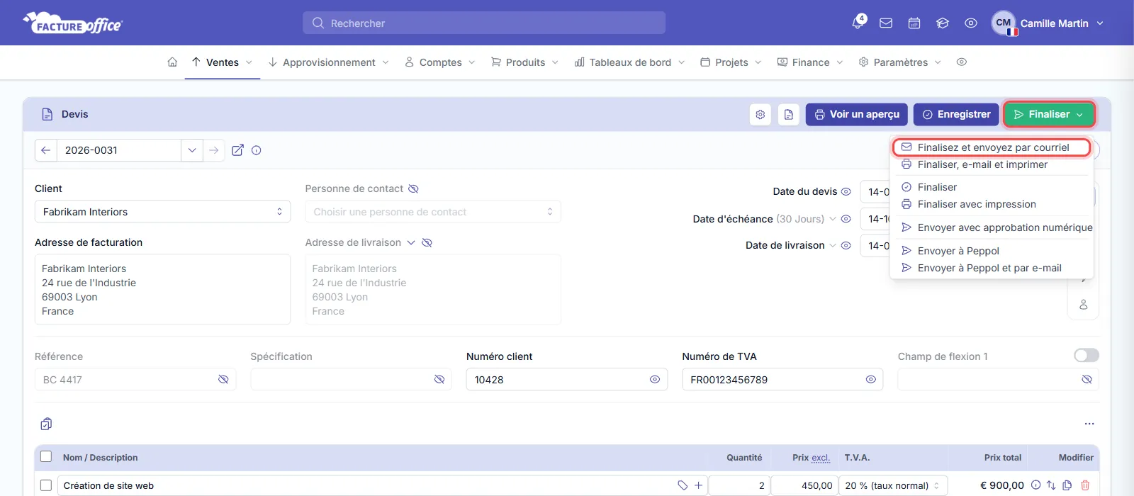 Menu Finaliser d'un devis : le bouton Finaliser et l'option Finalisez et envoyez par courriel sont entourés en rouge