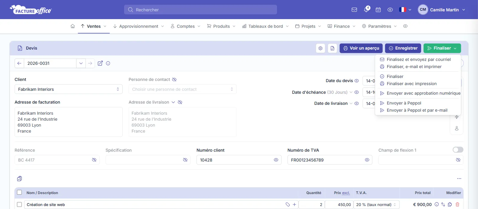 Menu Finaliser de Facture Office : finaliser un document et l'envoyer par e-mail