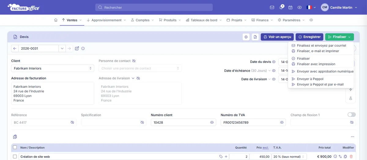 Menu Finaliser d'un devis dans Facture Office avec l'option Envoyer avec approbation numérique