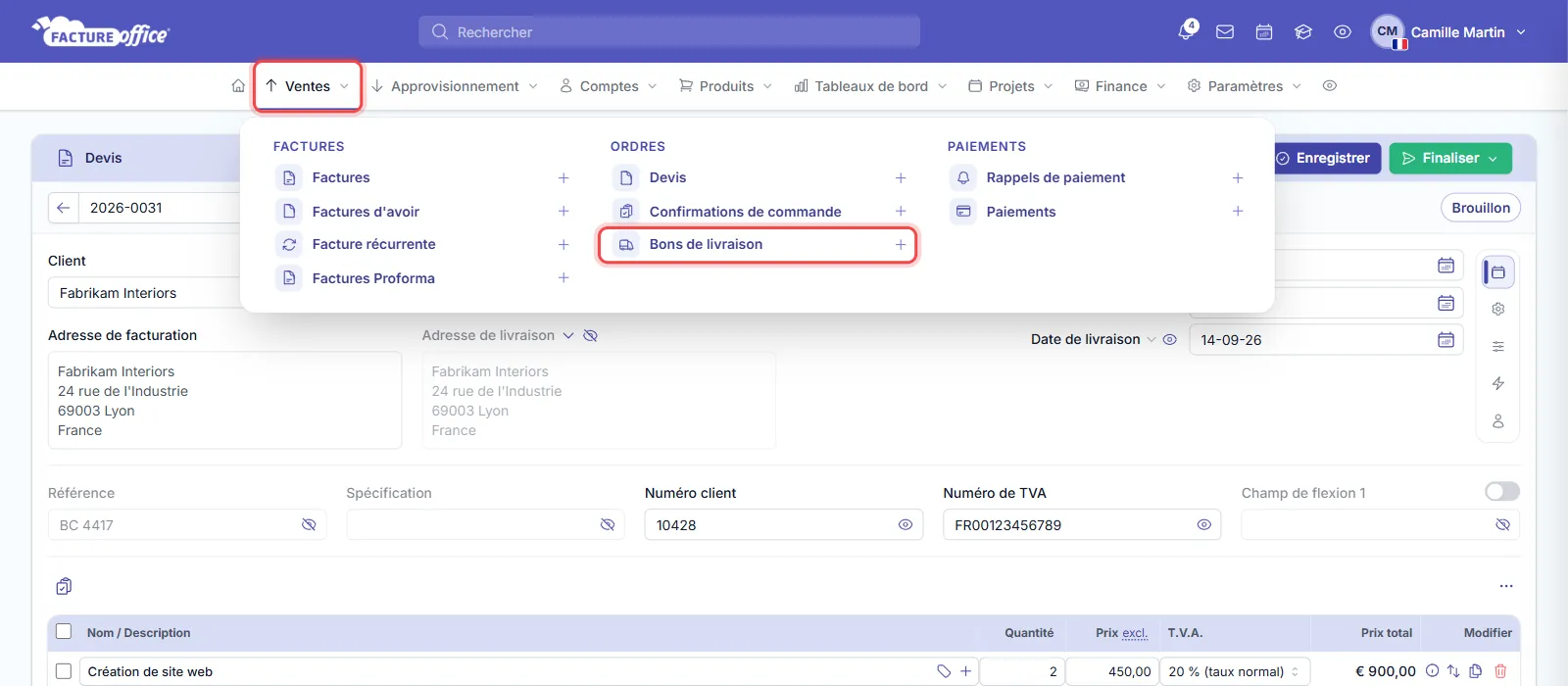 Menu Ventes de Facture Office : le menu Ventes et l'entrée Bons de livraison sont entourés en rouge