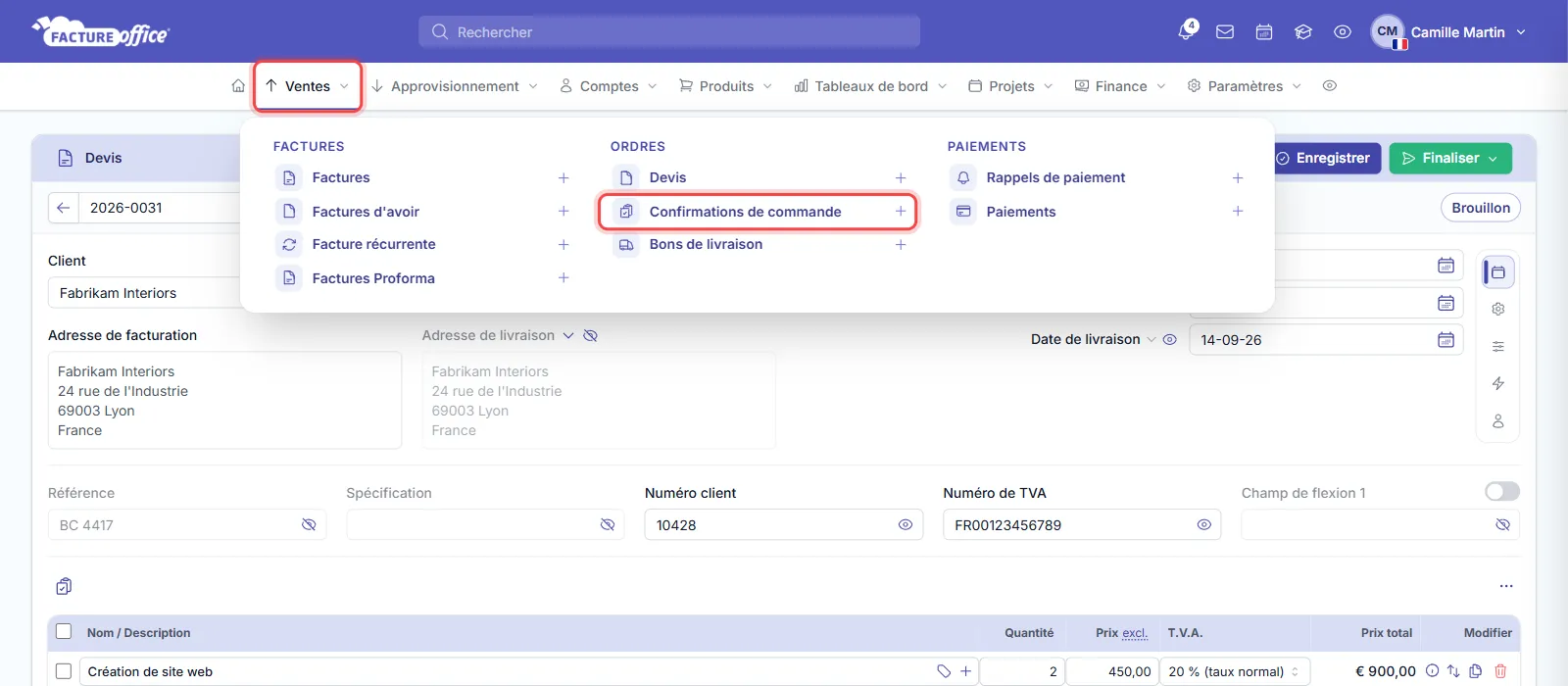 Menu Ventes de Facture Office : le menu Ventes et l'entrée Confirmations de commande sont entourés en rouge