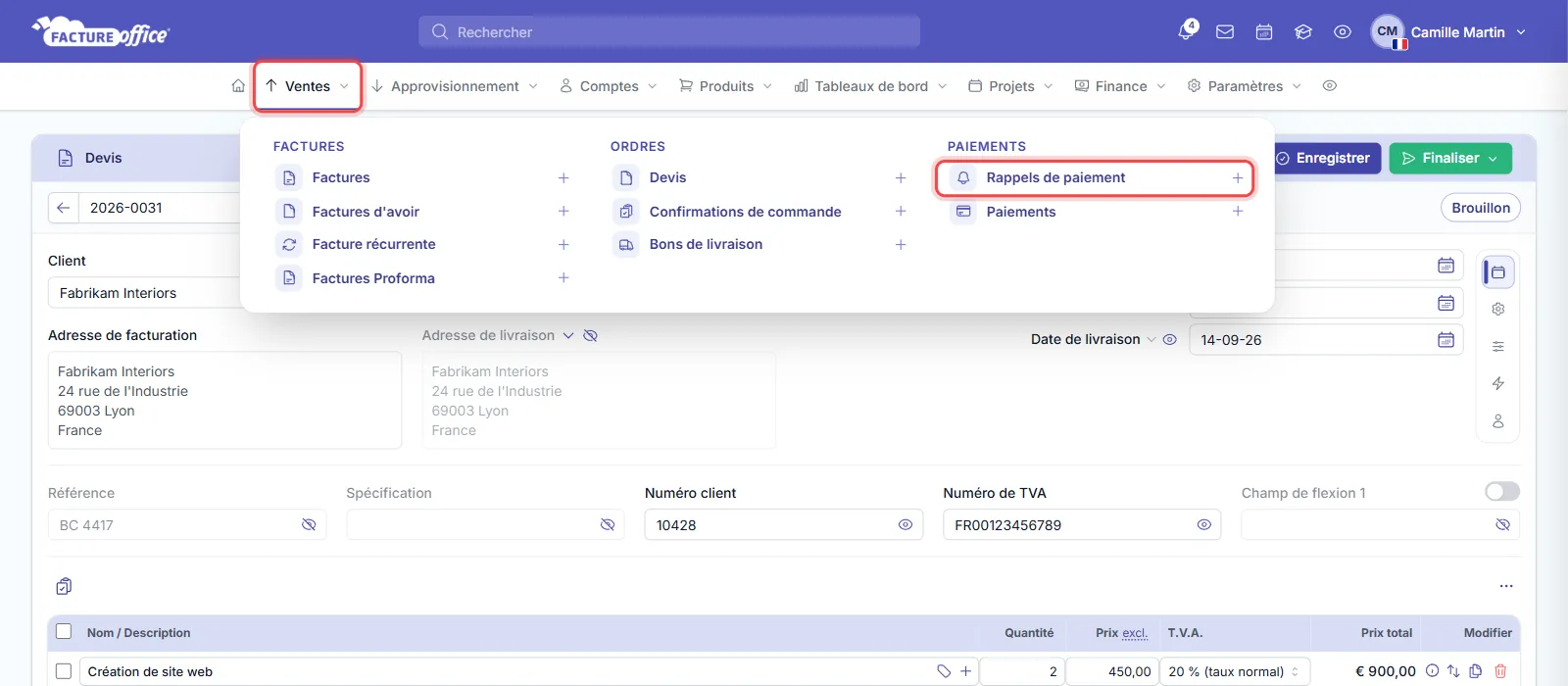 Menu Ventes de Facture Office : le menu Ventes et l'entrée Rappels de paiement sont entourés en rouge