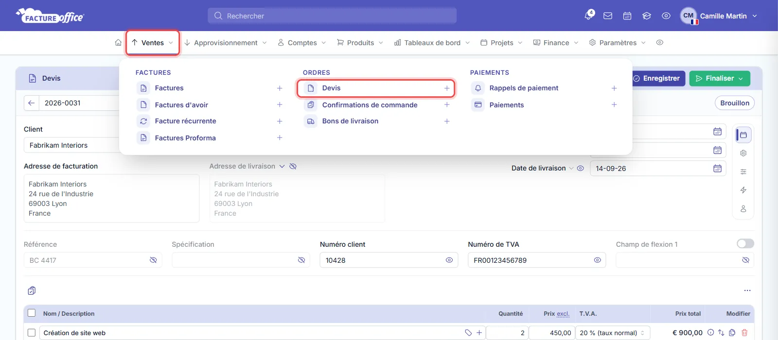 Menu Ventes de Facture Office : le menu Ventes et la ligne Devis, avec son signe plus, sont entourés en rouge