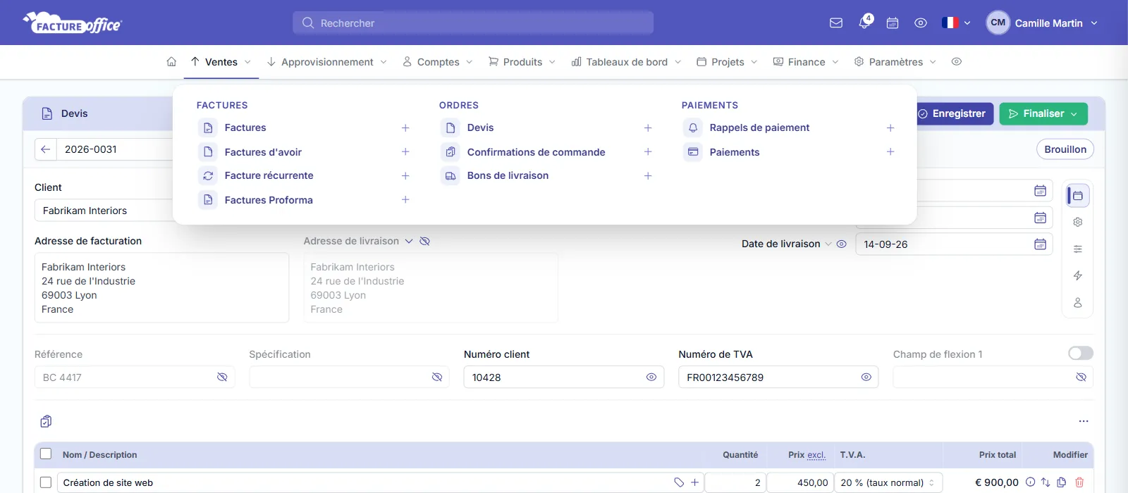 Menu Ventes de Facture Office avec l'entrée Rappels de paiement