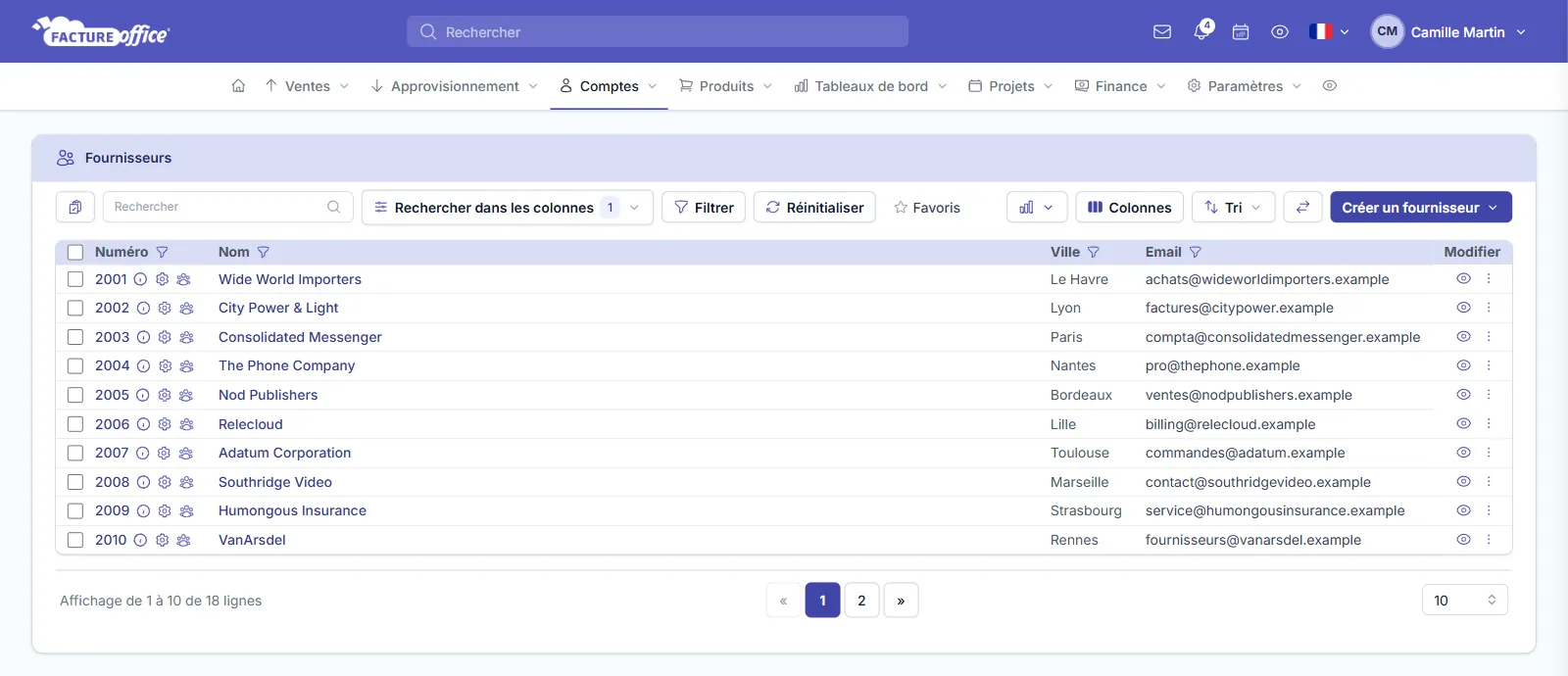 Liste des fournisseurs dans Facture Office avec le bouton Créer un fournisseur en haut à droite