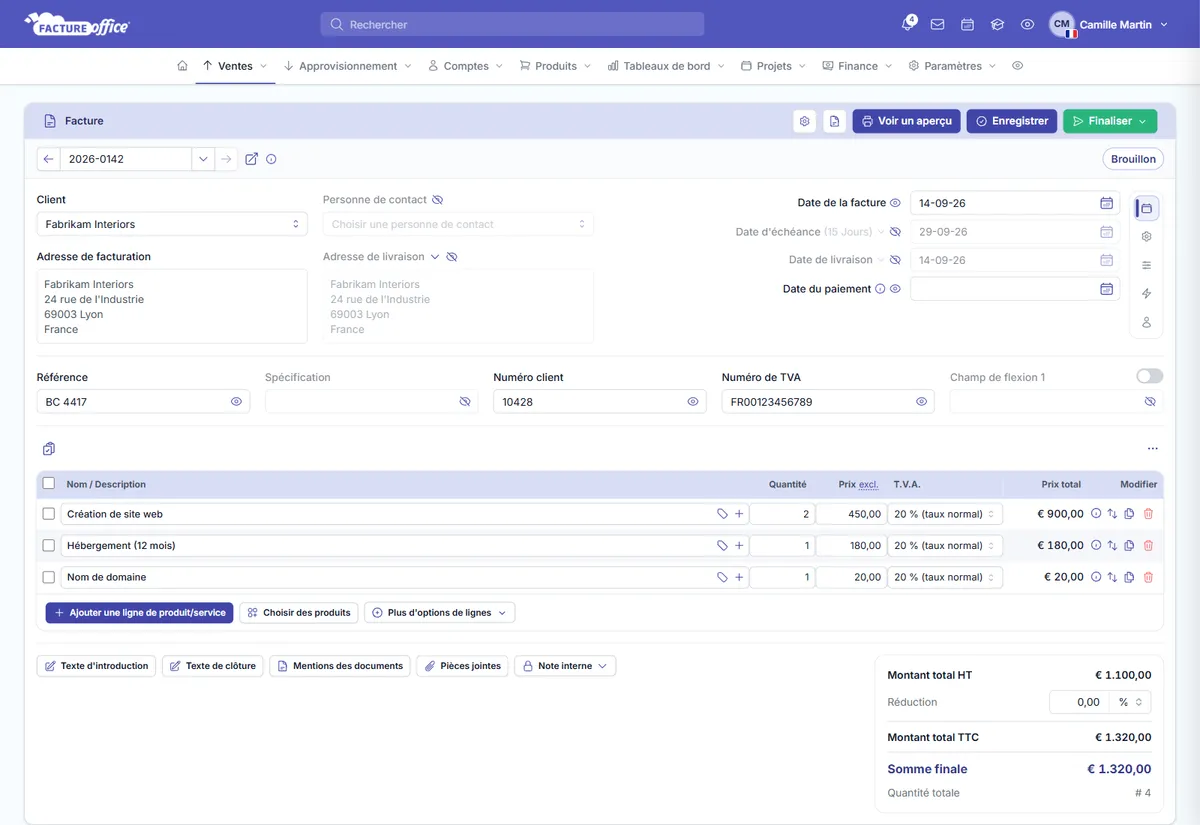 Création d'une facture en ligne avec le logiciel Facture Office : client, lignes de produits, TVA à 20 % et totaux