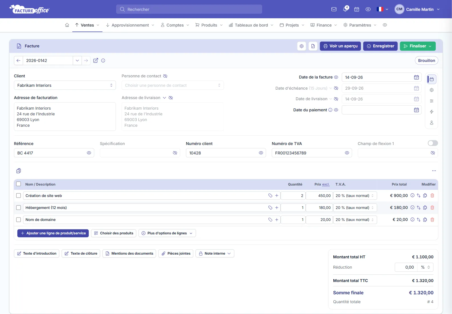 Création d'une facture dans Facture Office : client, lignes de produits, TVA à 20 % et totaux